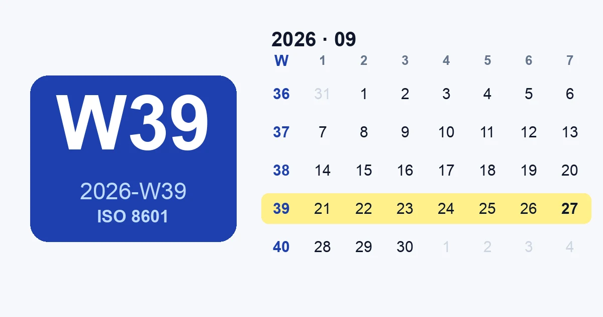 Kalendrileht, kus iga nädala kõrval on selgelt märgitud nädala number, näiteks W39, W40 jne.